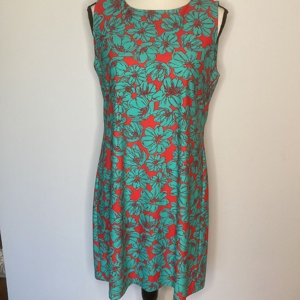 Axueh sheath dress, Floral Turquoise/Coral, wrinkle free Size Large - Picture 4 of 12